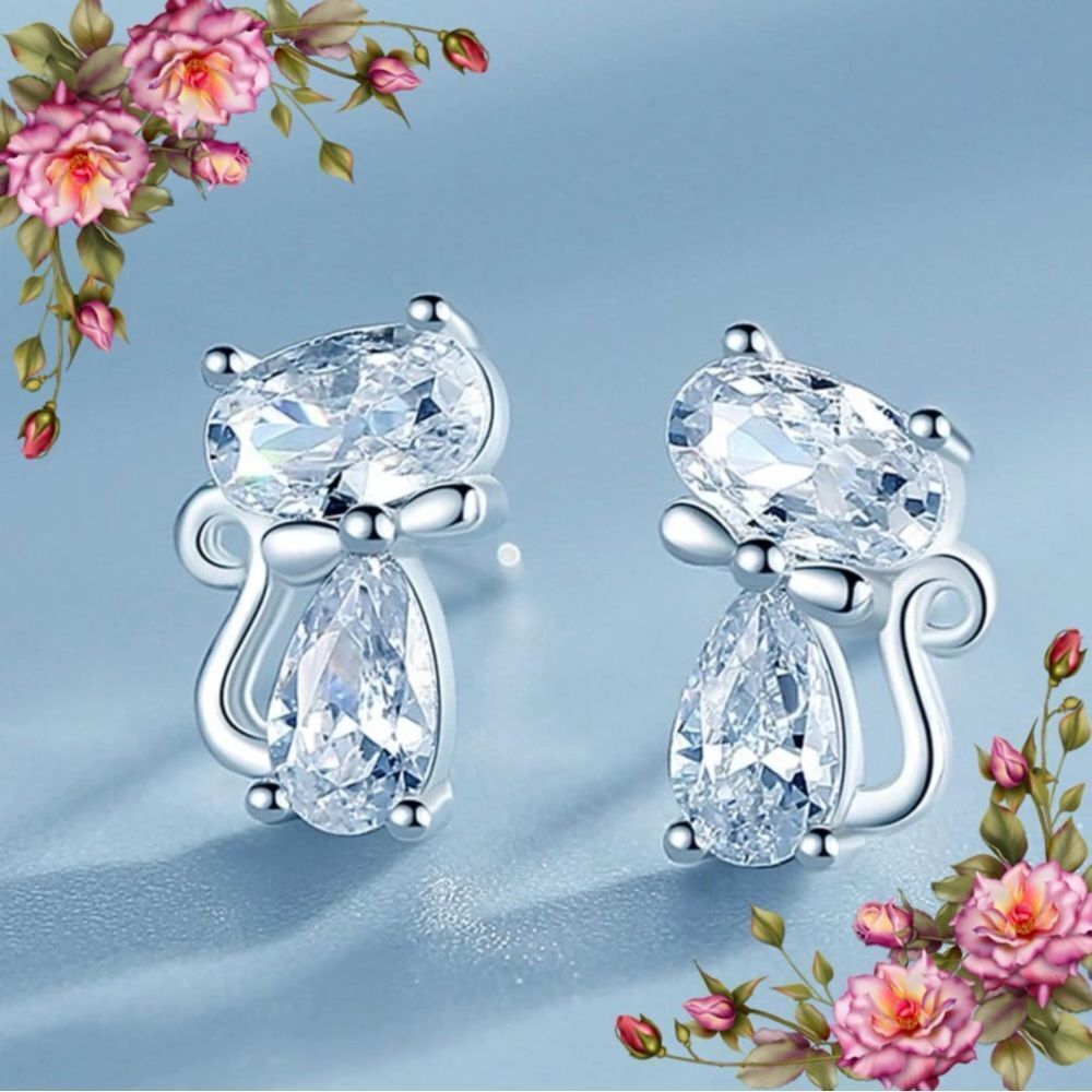 Cubic Zirconia Cat Stud Earrings‎